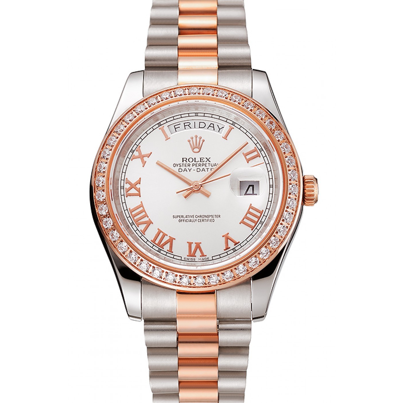 RepTime Watches Swiss Rolex Day-Date Diamonds Bezel White Dial Rose Gold And Staineless Steel Bracelet 1454108