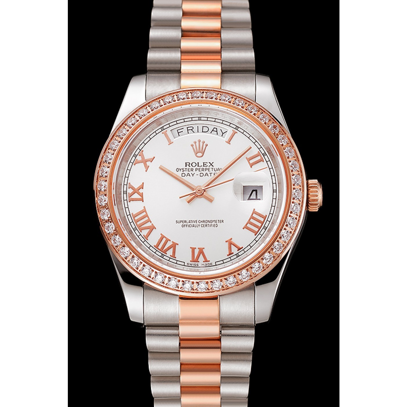 RepTime Watches Swiss Rolex Day-Date Diamonds Bezel White Dial Rose Gold And Staineless Steel Bracelet 1454108