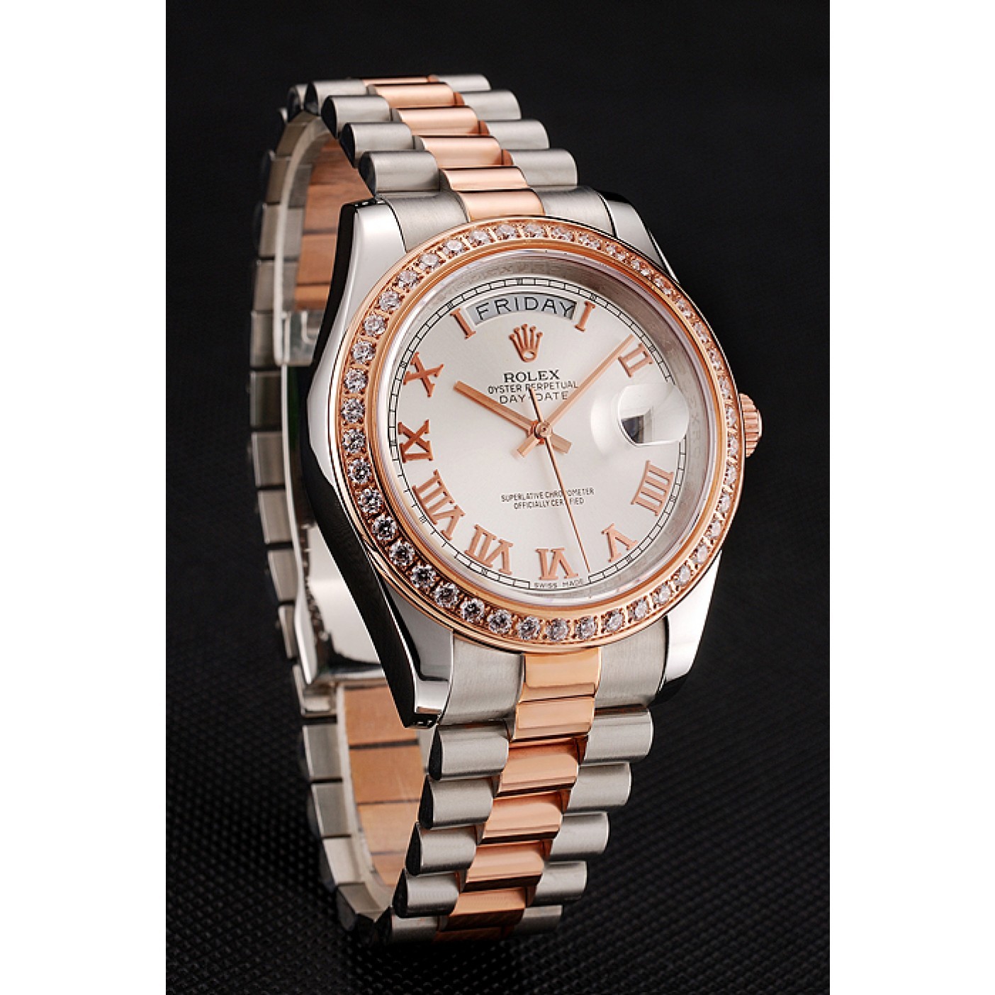 RepTime Watches Swiss Rolex Day-Date Diamonds Bezel White Dial Rose Gold And Staineless Steel Bracelet 1454108