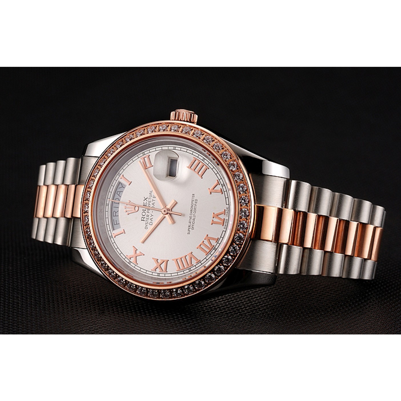 RepTime Watches Swiss Rolex Day-Date Diamonds Bezel White Dial Rose Gold And Staineless Steel Bracelet 1454108