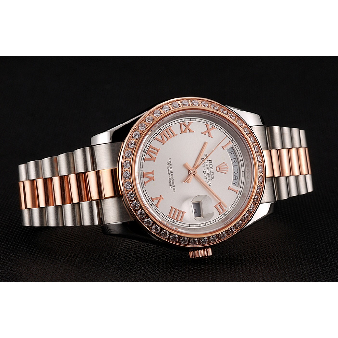 RepTime Watches Swiss Rolex Day-Date Diamonds Bezel White Dial Rose Gold And Staineless Steel Bracelet 1454108