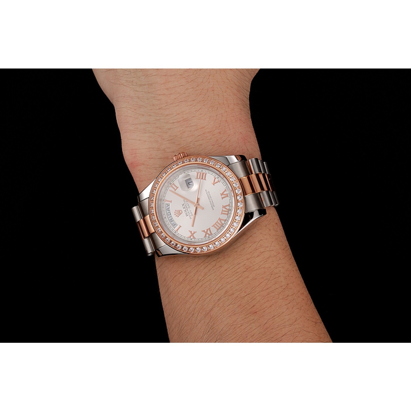 Swiss Rolex Day-Date Diamonds Bezel White Dial Rose Gold And Staineless Steel Bracelet 1454108