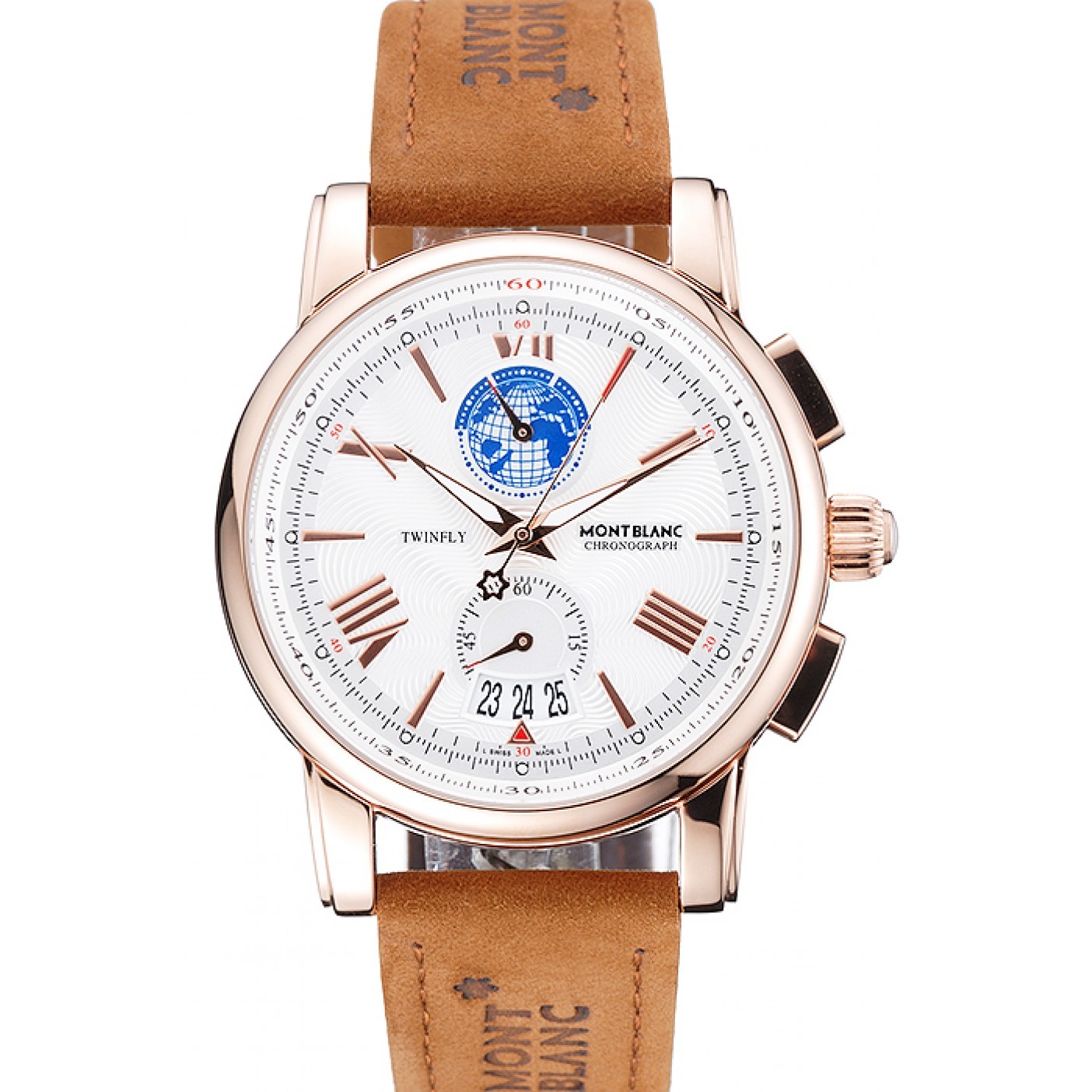 Montblanc Twinfly Chronograph White Dial Brown Suede Leather Bracelet 1454116