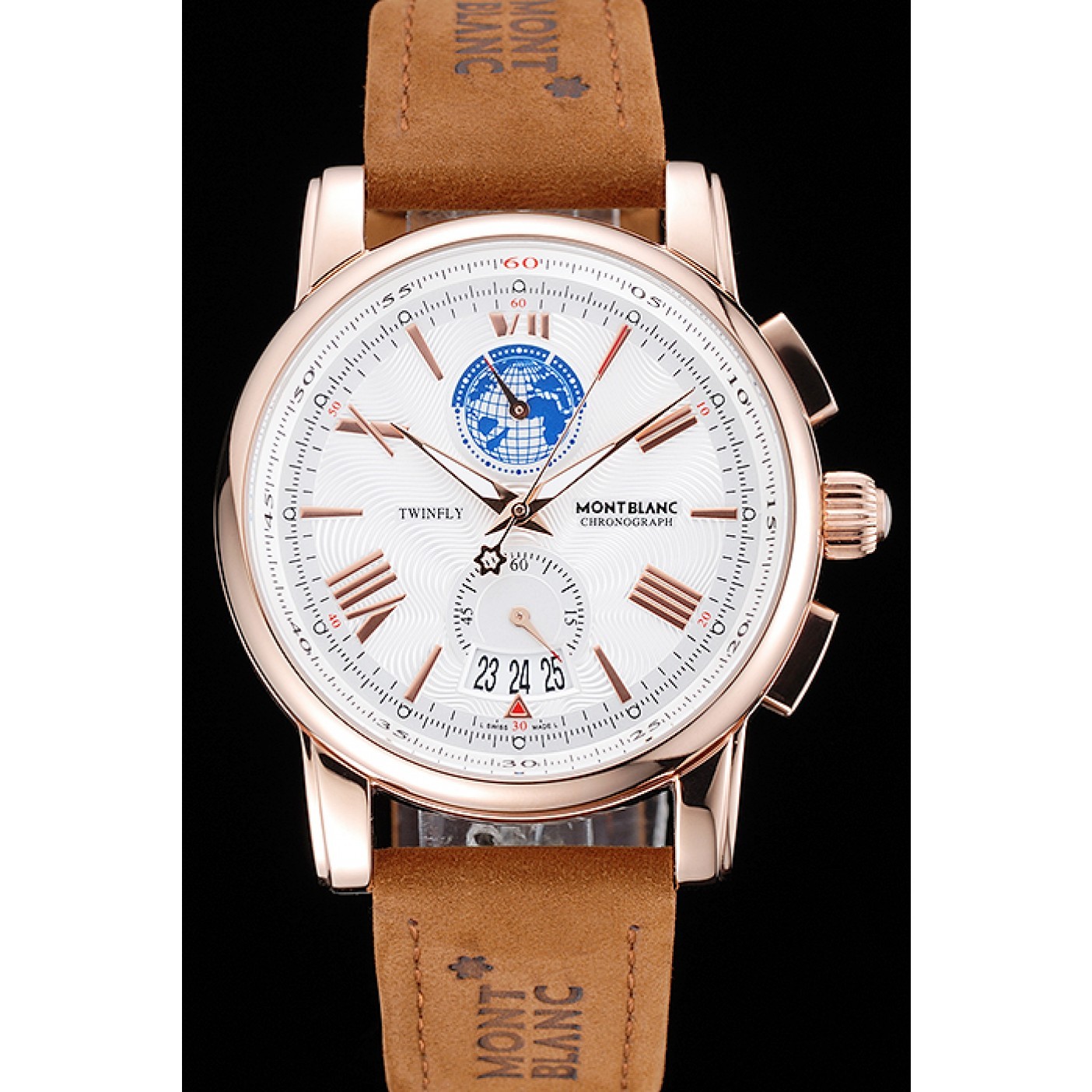 Montblanc Twinfly Chronograph White Dial Brown Suede Leather Bracelet 1454116