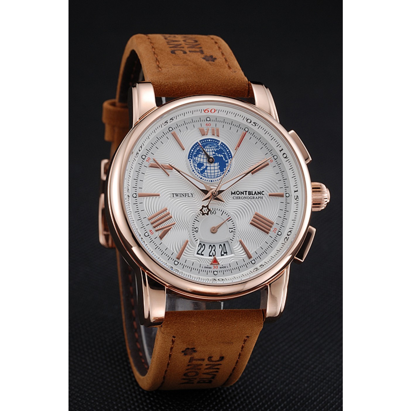 Montblanc Twinfly Chronograph White Dial Brown Suede Leather Bracelet 1454116