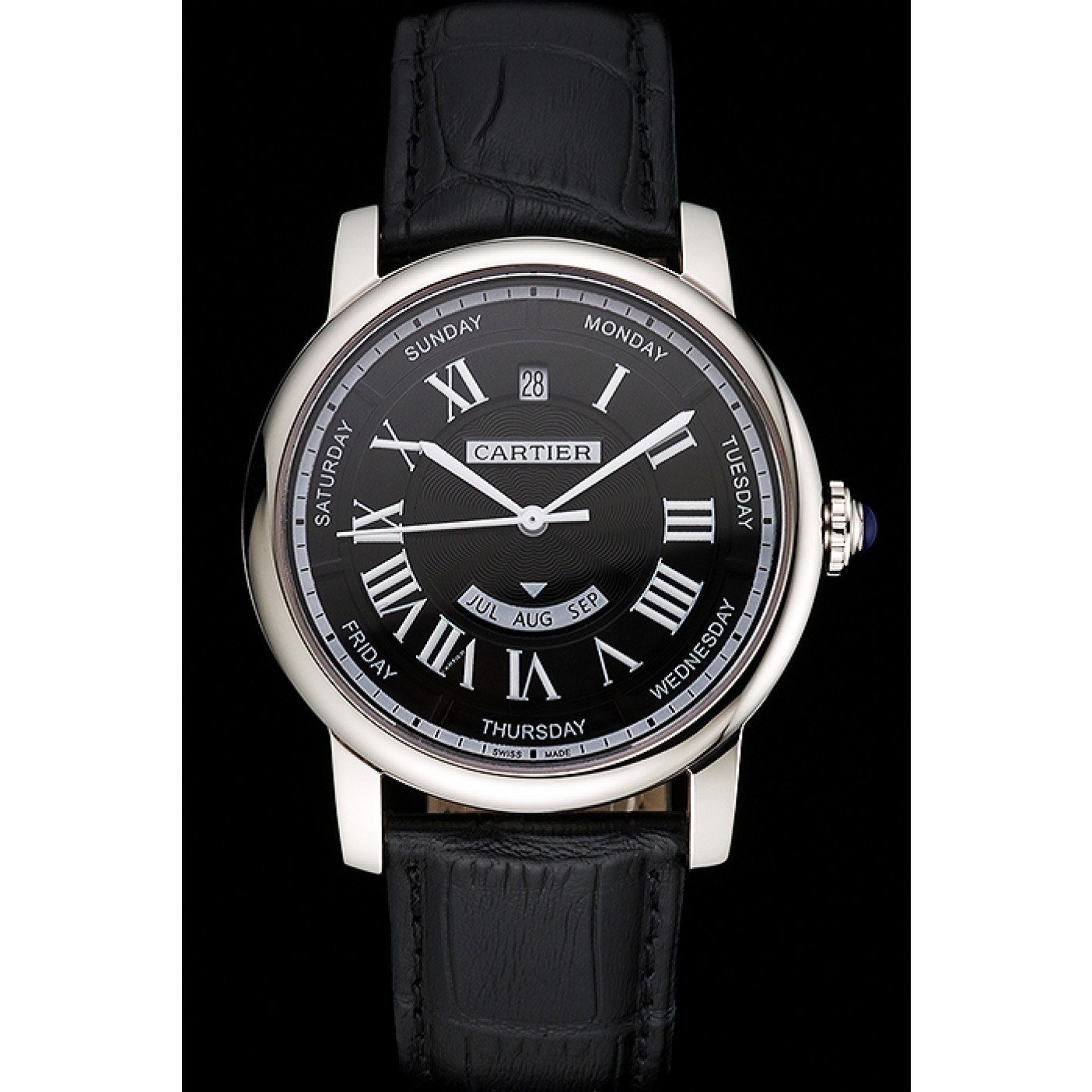 Rep Swiss Cartier Rotonde Annual Calendar Black Dial Stainless Steel Case Black Leather Strap