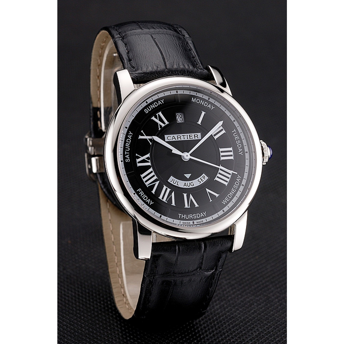 Rep Swiss Cartier Rotonde Annual Calendar Black Dial Stainless Steel Case Black Leather Strap