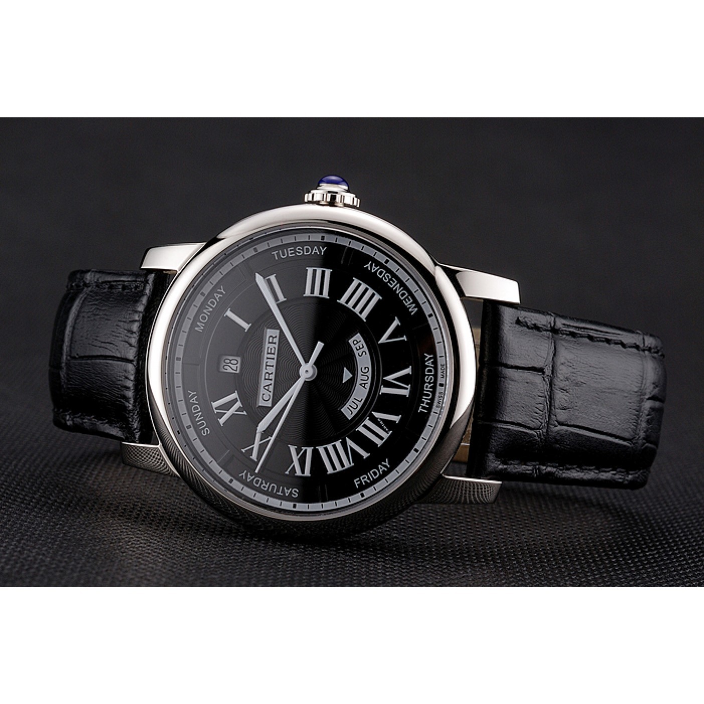 Rep Swiss Cartier Rotonde Annual Calendar Black Dial Stainless Steel Case Black Leather Strap