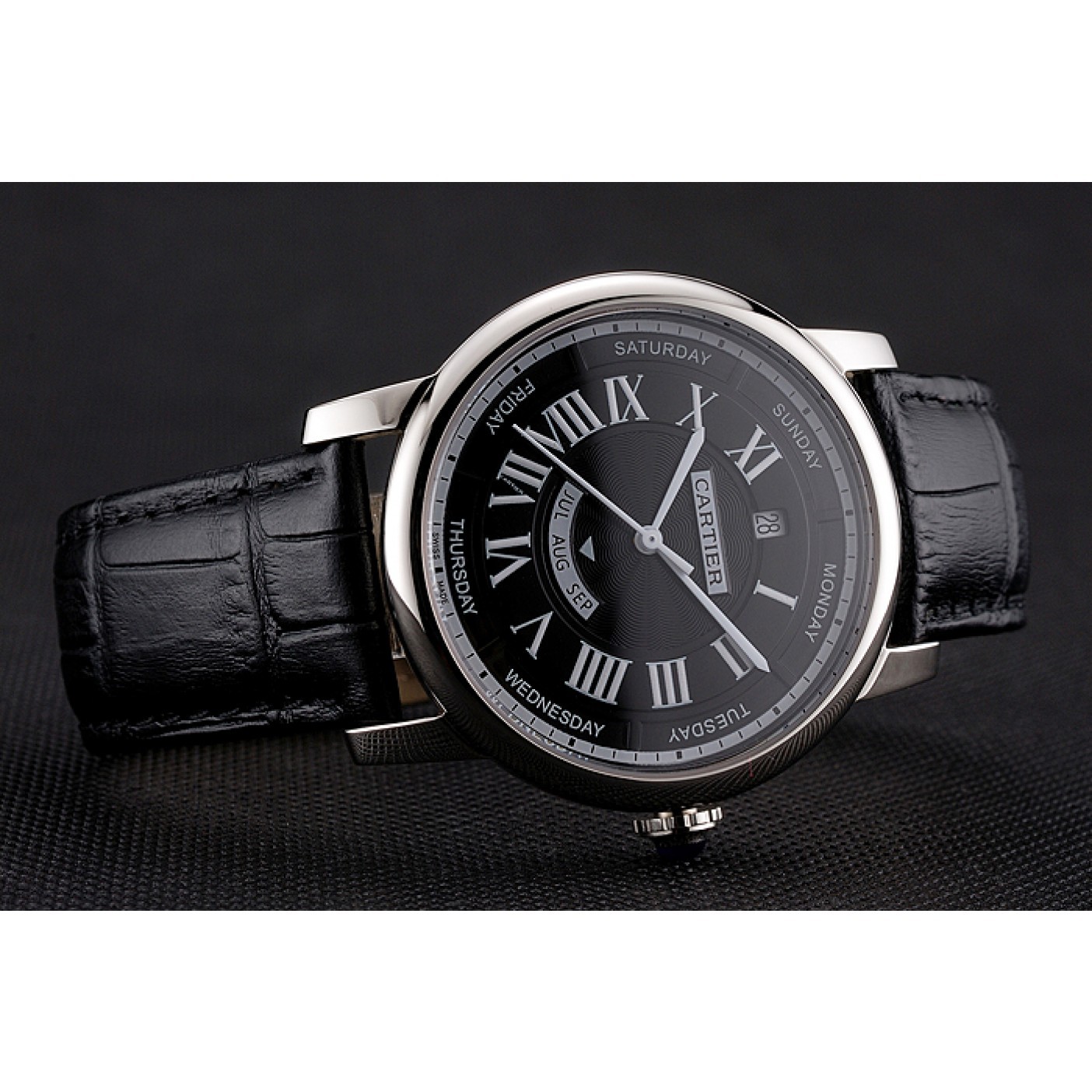 Rep Swiss Cartier Rotonde Annual Calendar Black Dial Stainless Steel Case Black Leather Strap