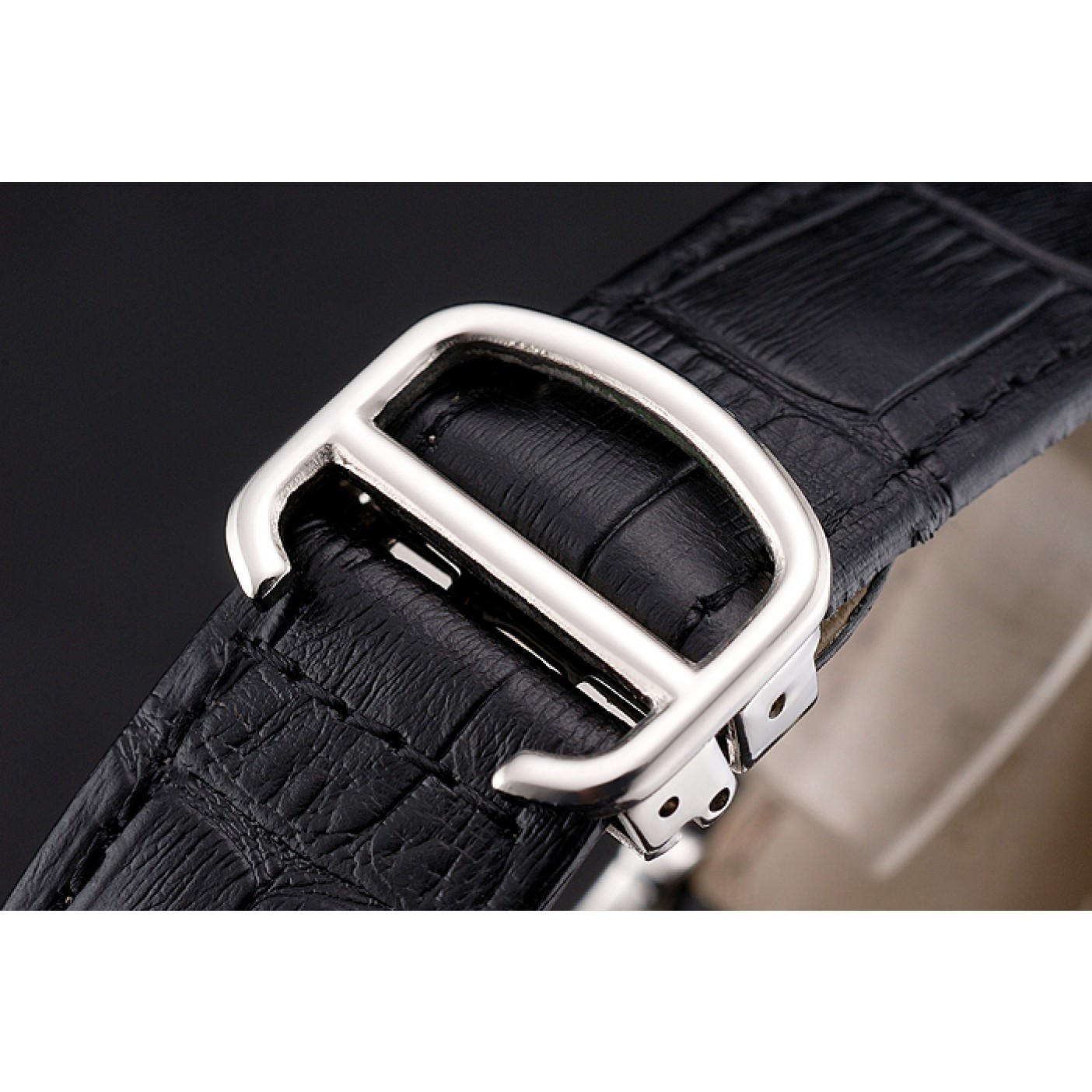 Rep Swiss Cartier Rotonde Annual Calendar Black Dial Stainless Steel Case Black Leather Strap