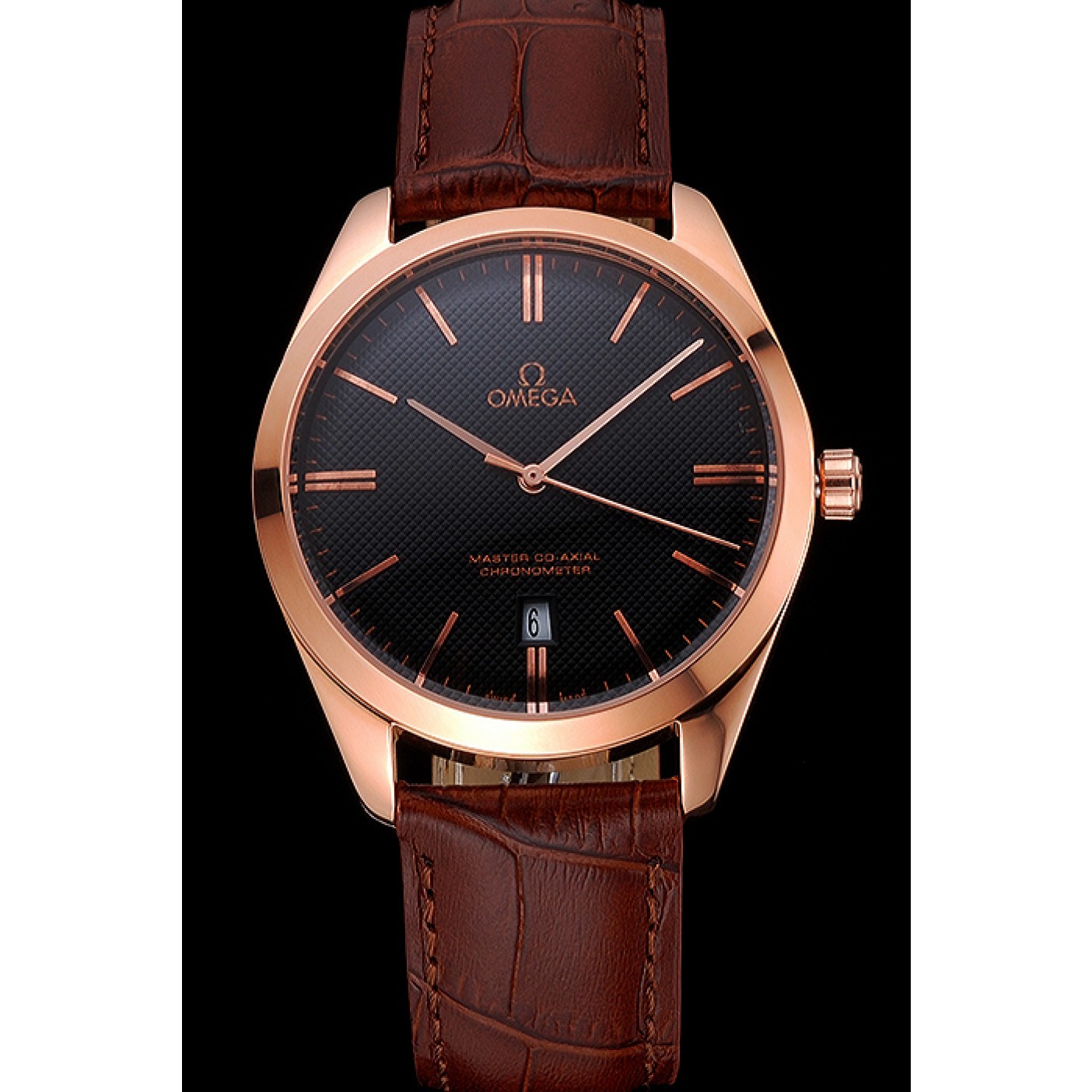 Omega Tresor Master Co-Axial Black Dial Rose Gold Case Brown Leather Strap