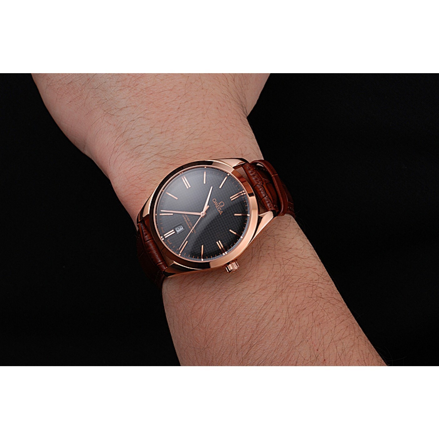 Omega Tresor Master Co-Axial Black Dial Rose Gold Case Brown Leather Strap