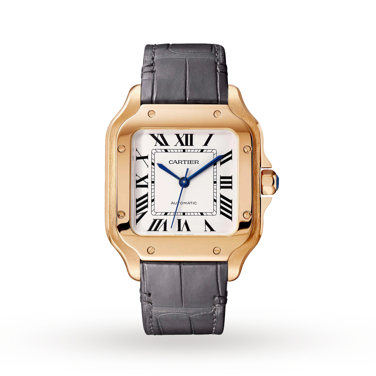 Swiss Santos de Cartier watch, Medium model, automatic, rose gold, 2 interchangeable leather bracelets