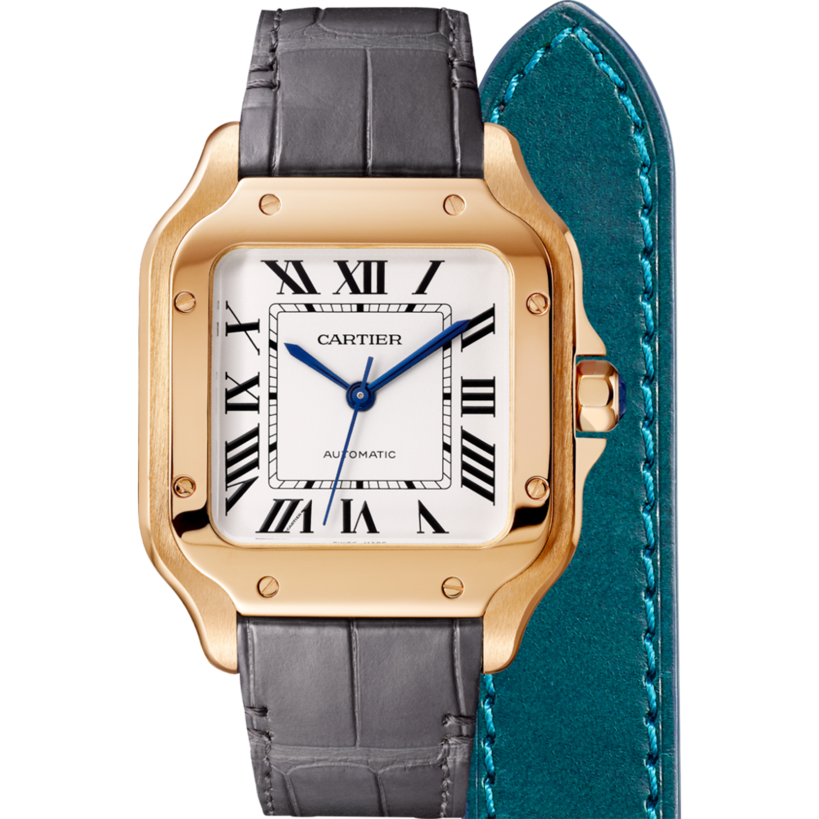 Fake Swiss Santos de Cartier watch, Medium model, automatic, rose gold, 2 interchangeable leather bracelets