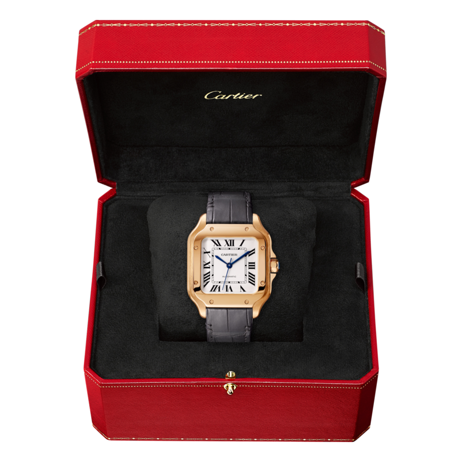 Fake Swiss Santos de Cartier watch, Medium model, automatic, rose gold, 2 interchangeable leather bracelets