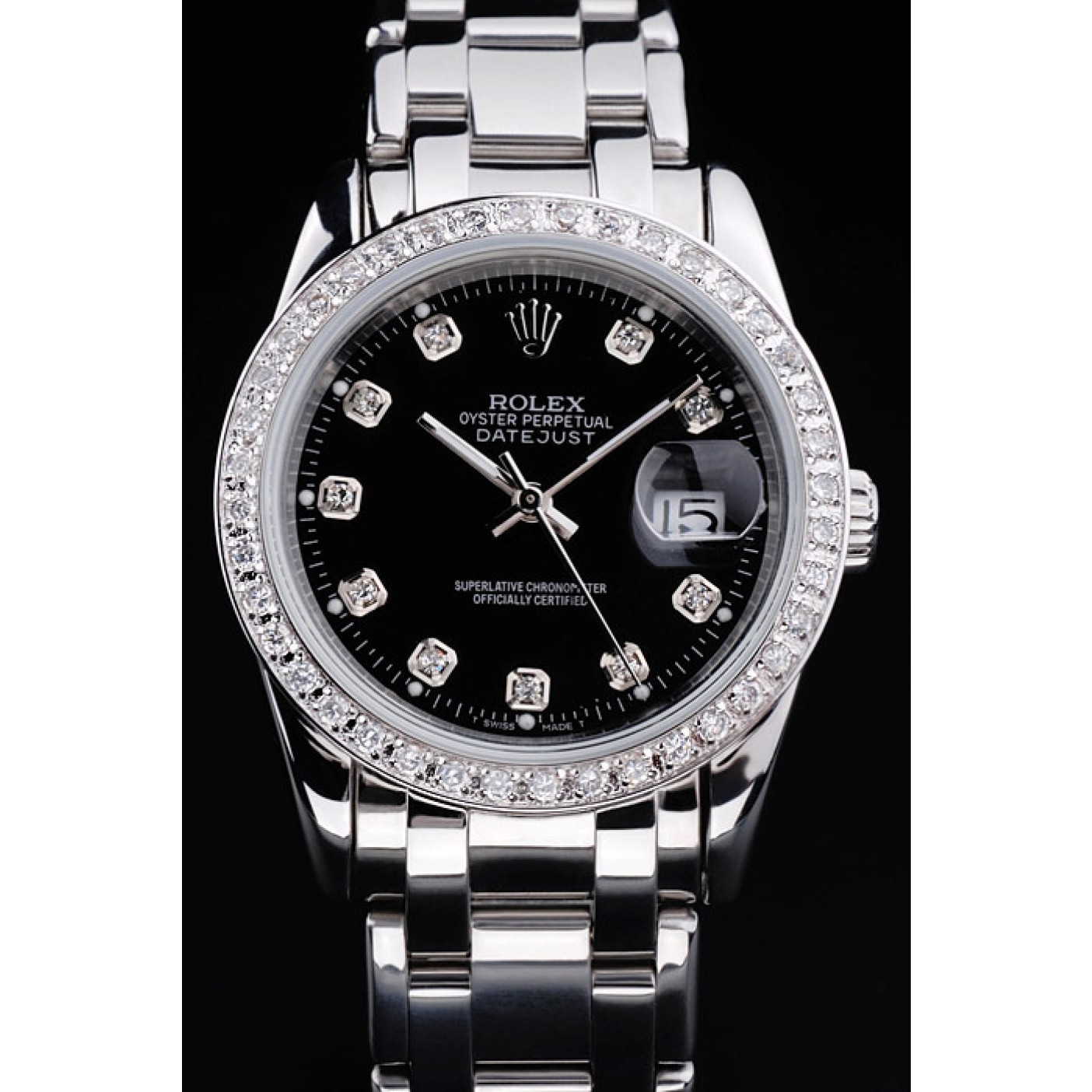 RepTime Watches Rolex DateJust Black Dial Diamond Bezel Stainless Steel Bracelet