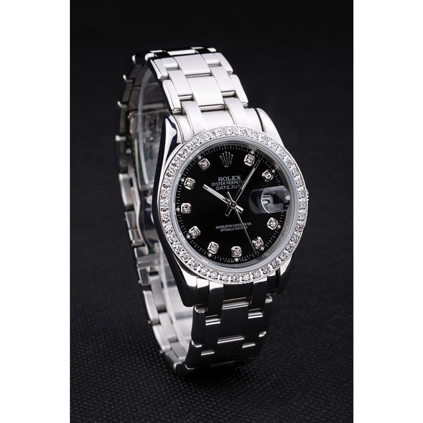 RepTime Watches Rolex DateJust Black Dial Diamond Bezel Stainless Steel Bracelet