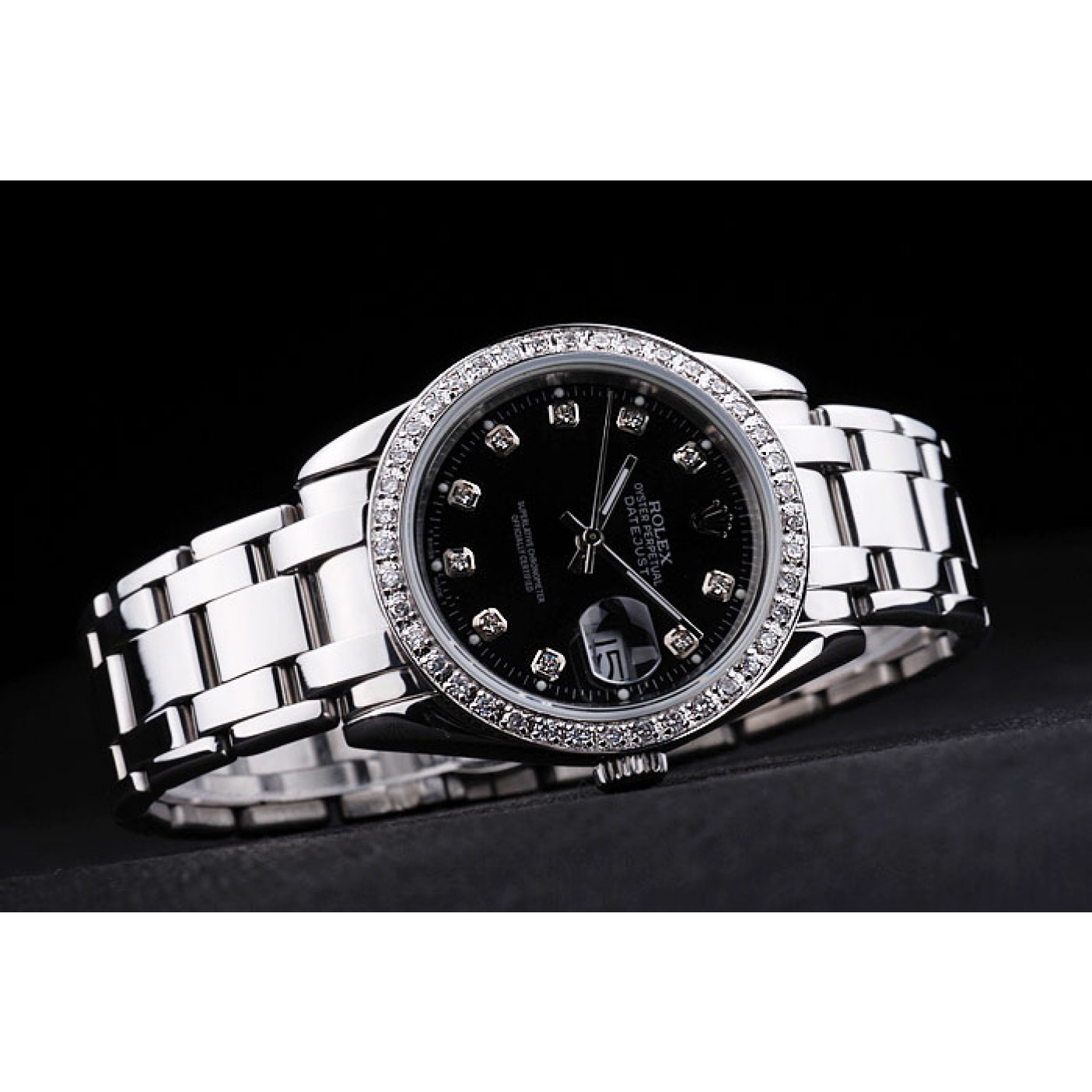 RepTime Watches Rolex DateJust Black Dial Diamond Bezel Stainless Steel Bracelet