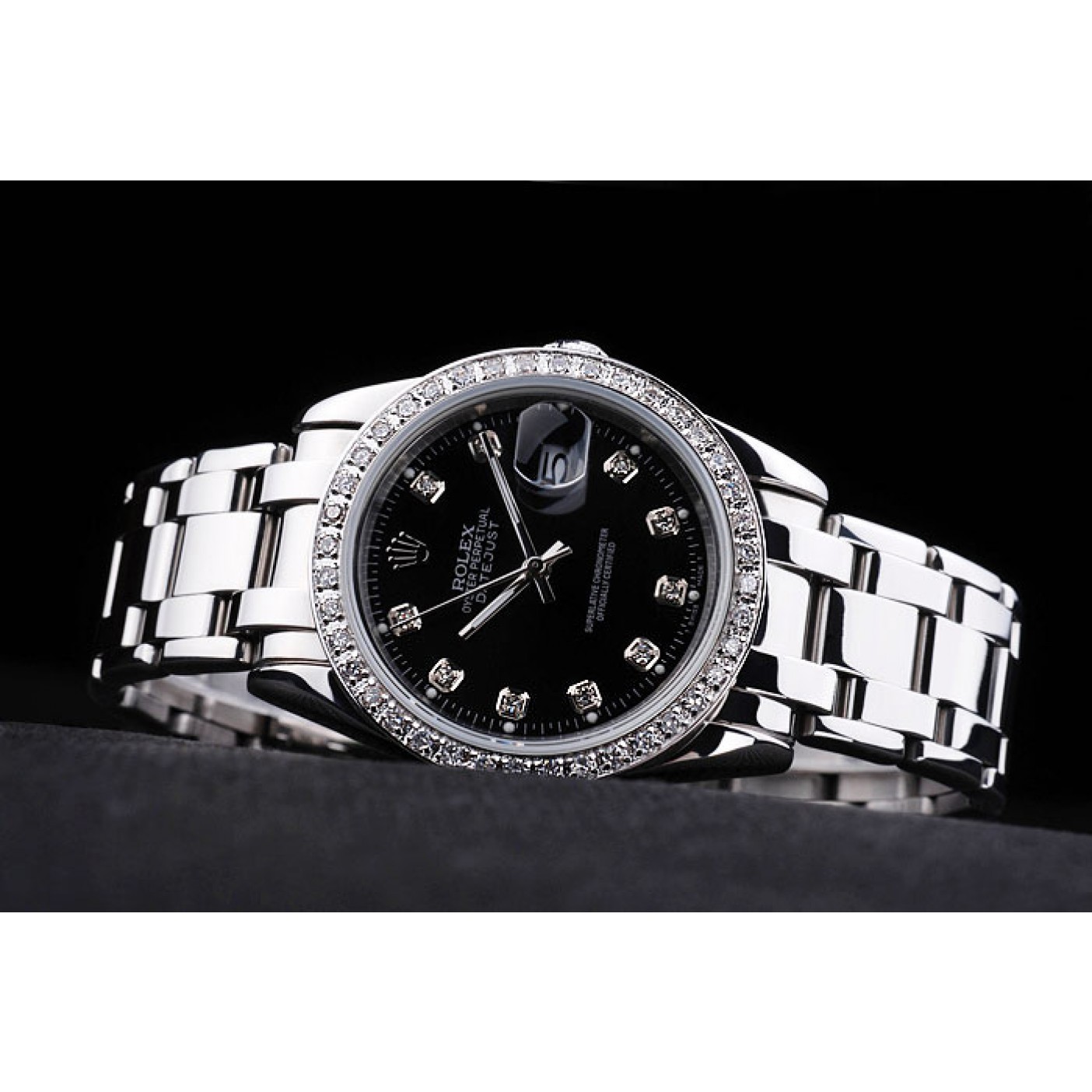 RepTime Watches Rolex DateJust Black Dial Diamond Bezel Stainless Steel Bracelet