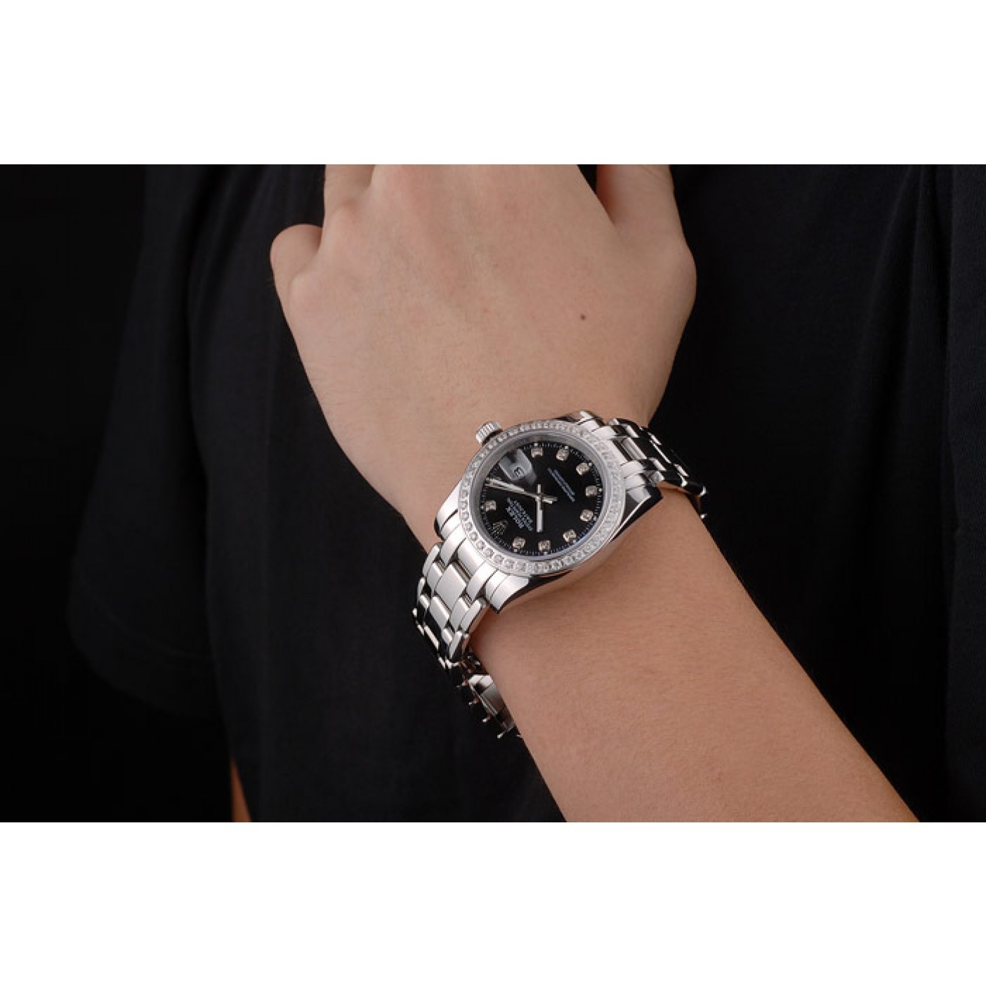 RepTime Watches Rolex DateJust Black Dial Diamond Bezel Stainless Steel Bracelet