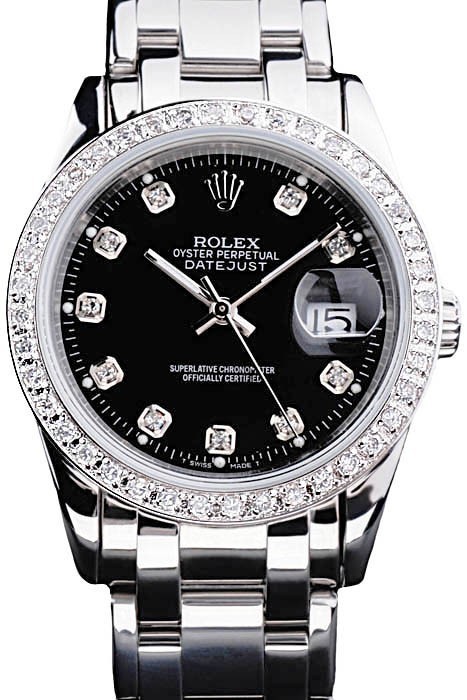 RepTime Watches Rolex DateJust Black Dial Diamond Bezel Stainless Steel Bracelet