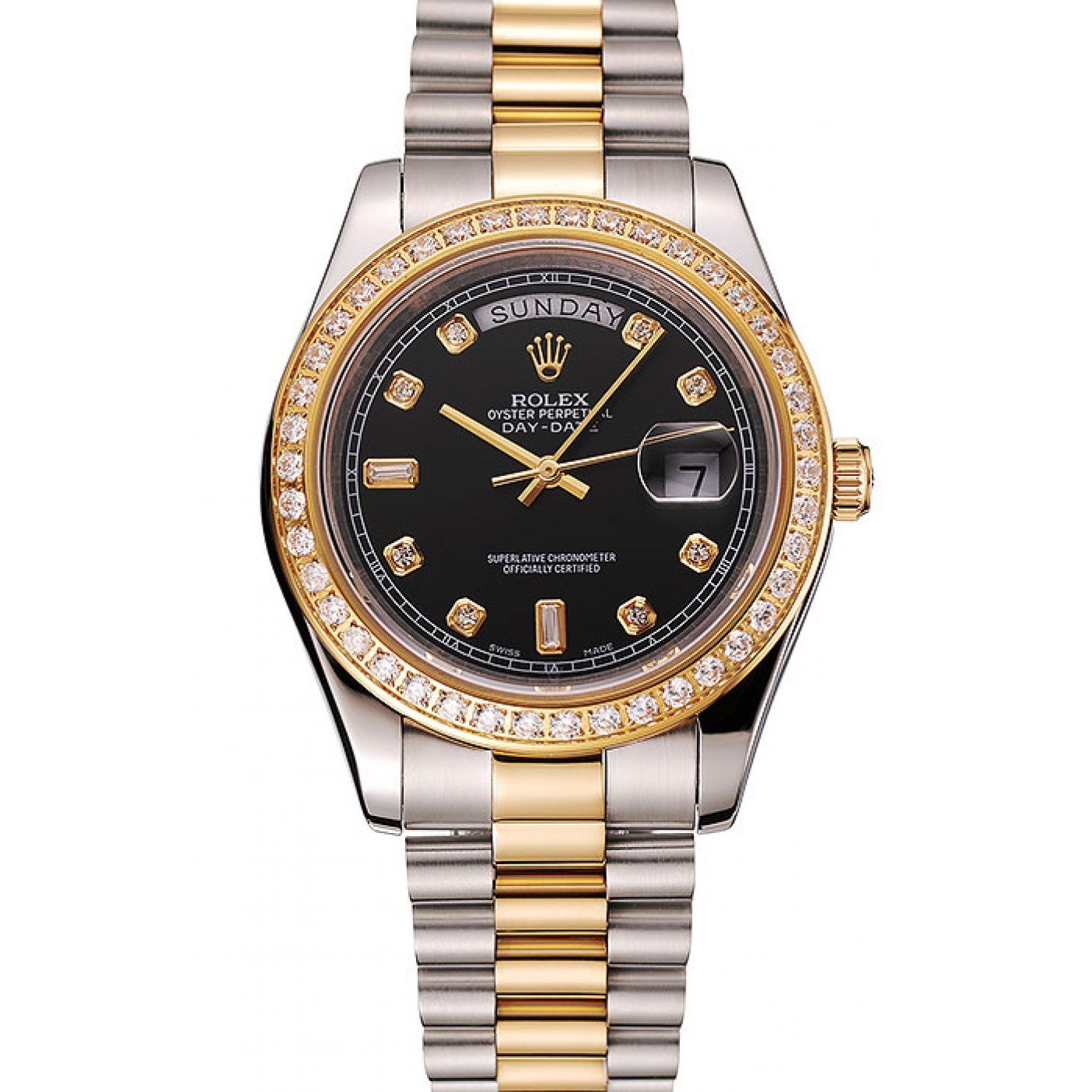 RepTime Watches Swiss Rolex Day-Date Black Dial Gold Diamond Case Two Tone Stainless Steel Bracelet 1453976