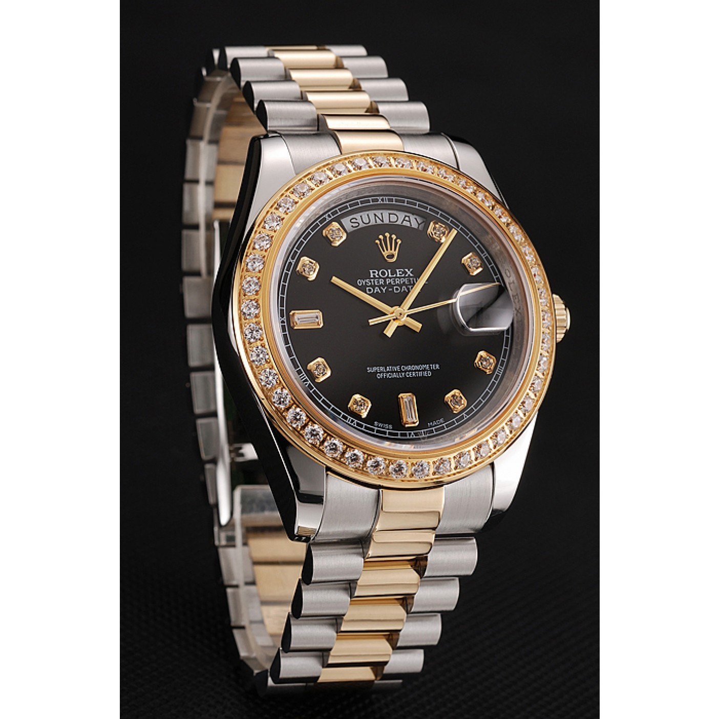 RepTime Watches Swiss Rolex Day-Date Black Dial Gold Diamond Case Two Tone Stainless Steel Bracelet 1453976