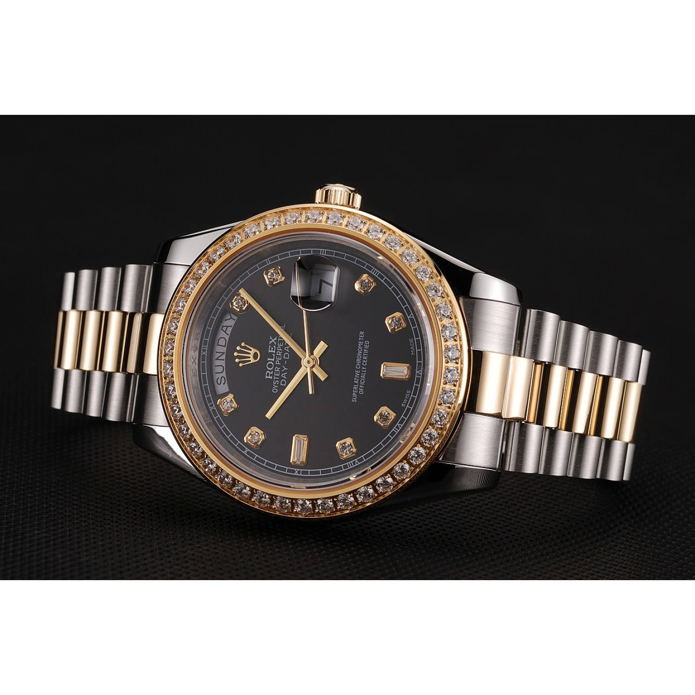 RepTime Watches Swiss Rolex Day-Date Black Dial Gold Diamond Case Two Tone Stainless Steel Bracelet 1453976