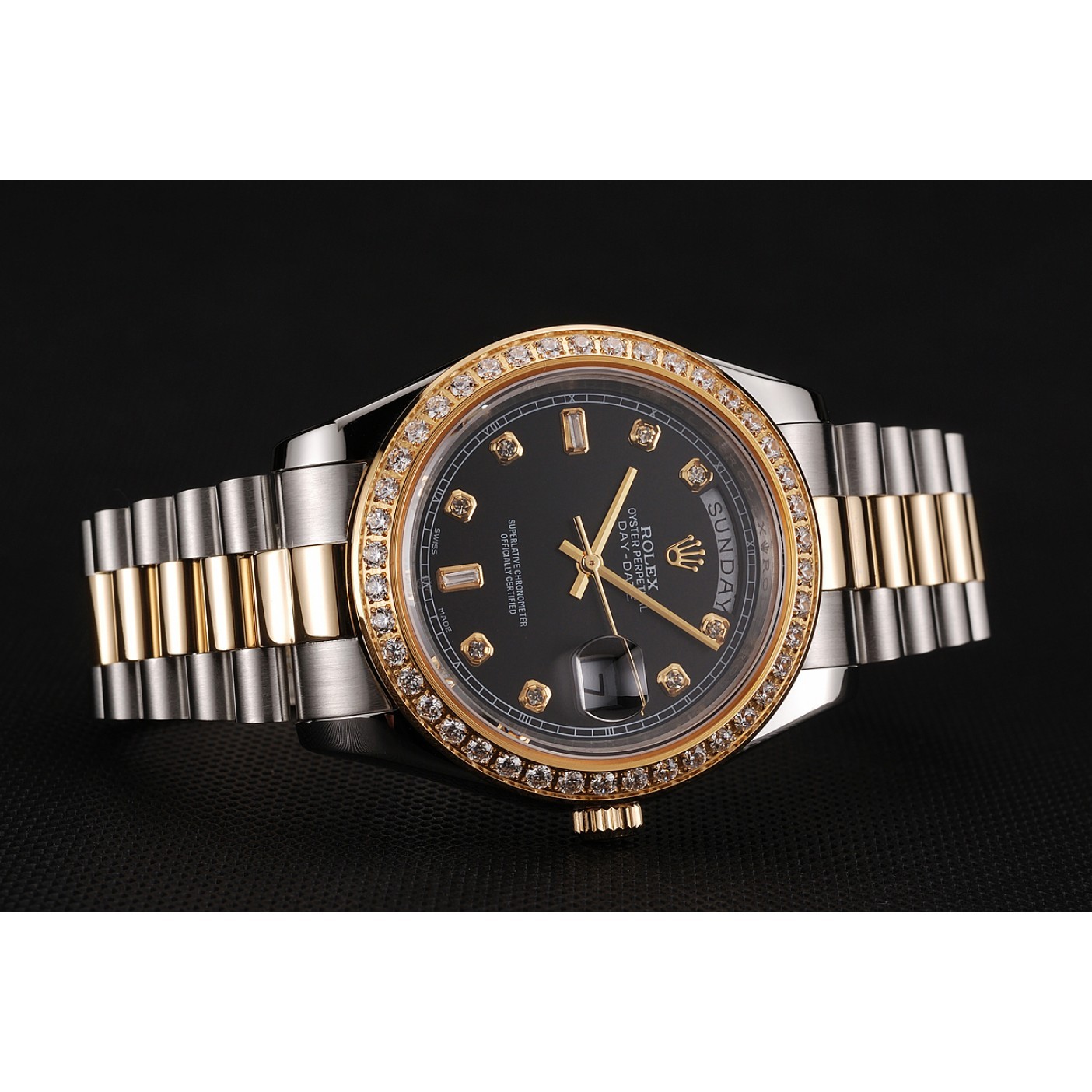 RepTime Watches Swiss Rolex Day-Date Black Dial Gold Diamond Case Two Tone Stainless Steel Bracelet 1453976