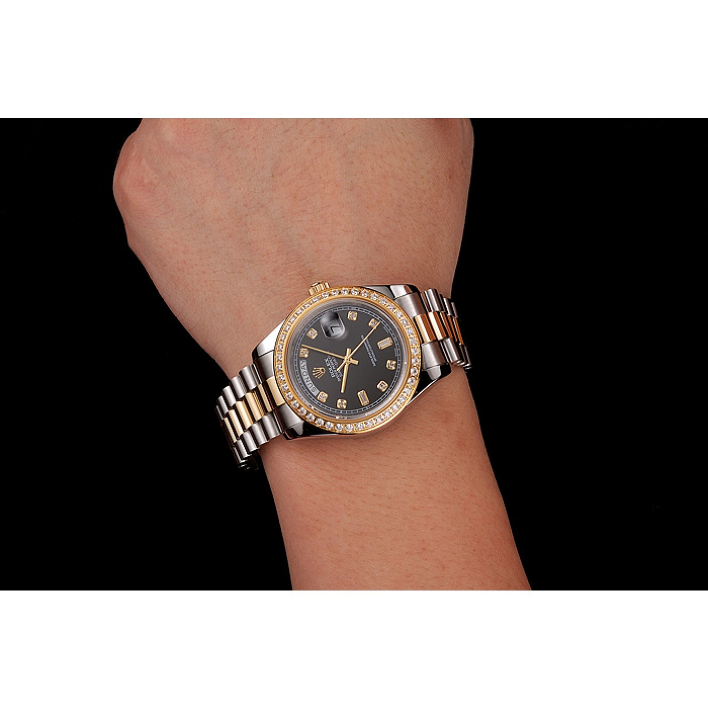 Swiss Rolex Day-Date Black Dial Gold Diamond Case Two Tone Stainless Steel Bracelet 1453976