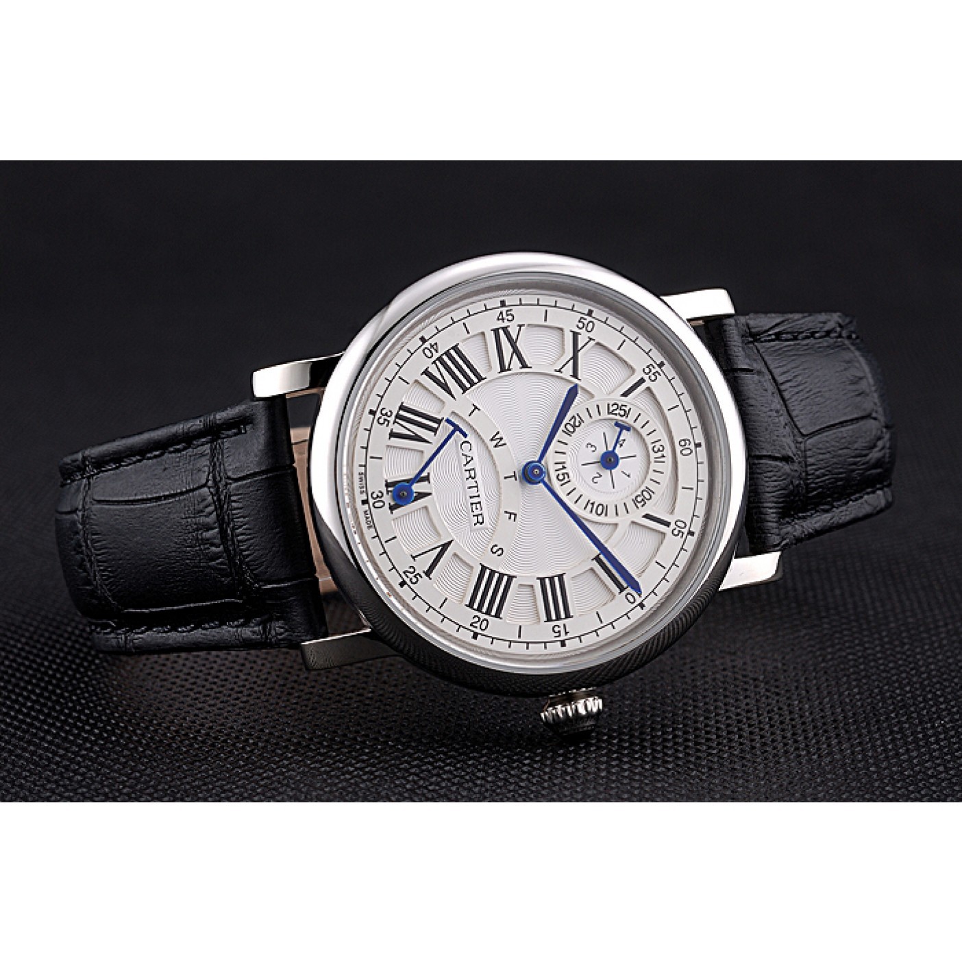 Cartier Rotonde White Dial Stainless Steel Case Black Leather Strap 622757