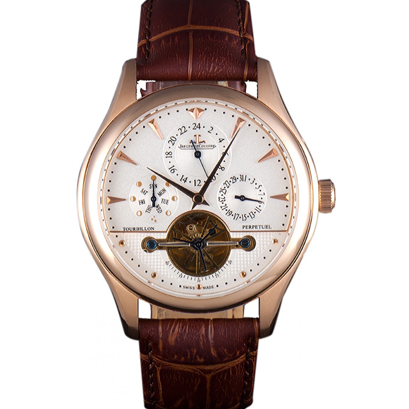 Jaeger Lecoultre Tourbillon Perpetuel Gold Bezel Brown Leather Band 621618