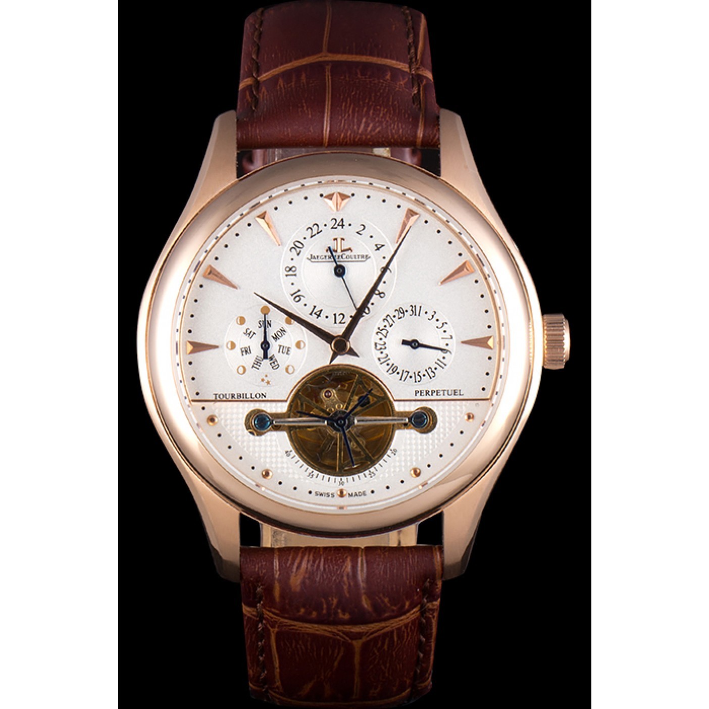 Jaeger Lecoultre Tourbillon Perpetuel Gold Bezel Brown Leather Band 621618