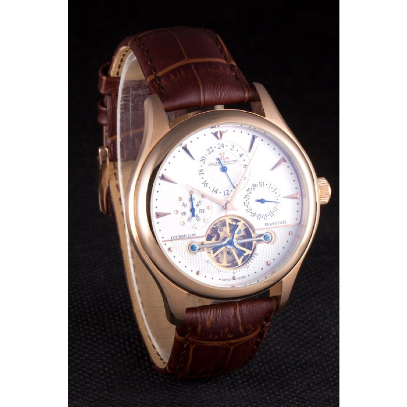 Jaeger Lecoultre Tourbillon Perpetuel Gold Bezel Brown Leather Band 621618