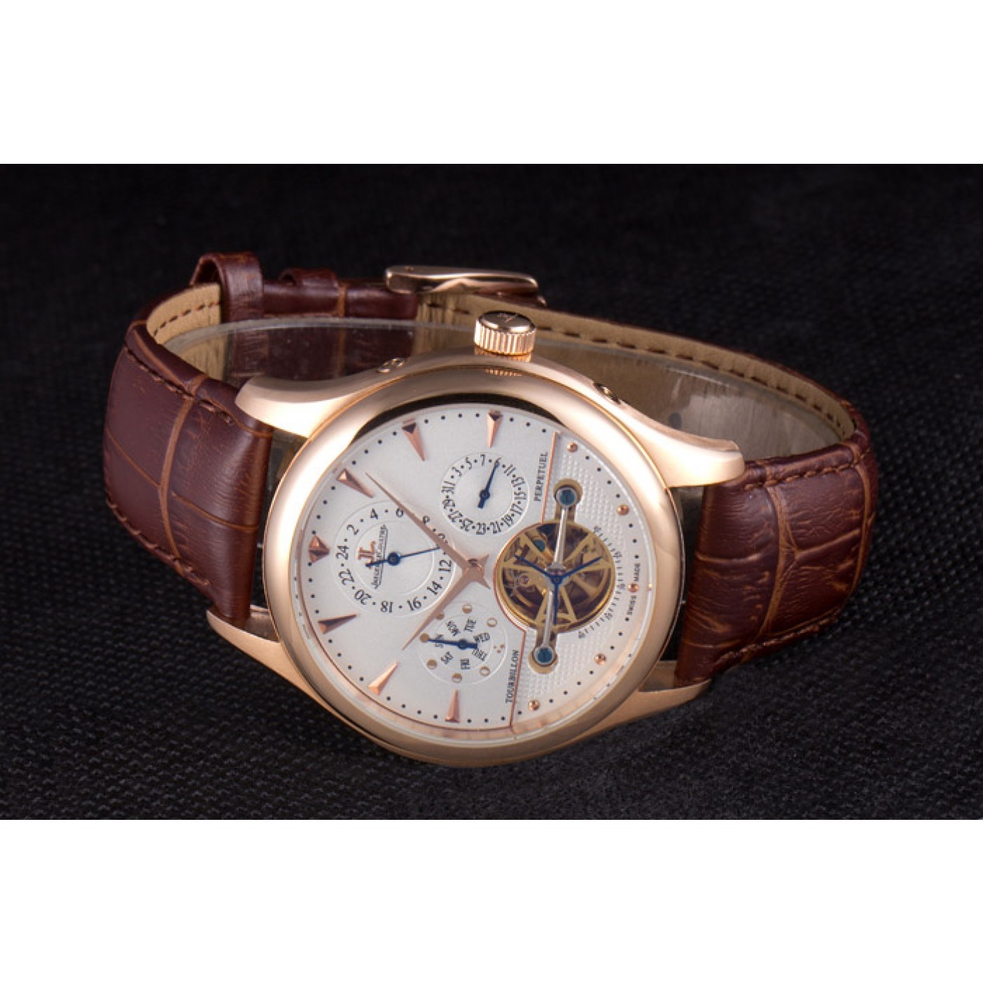 Jaeger Lecoultre Tourbillon Perpetuel Gold Bezel Brown Leather Band 621618