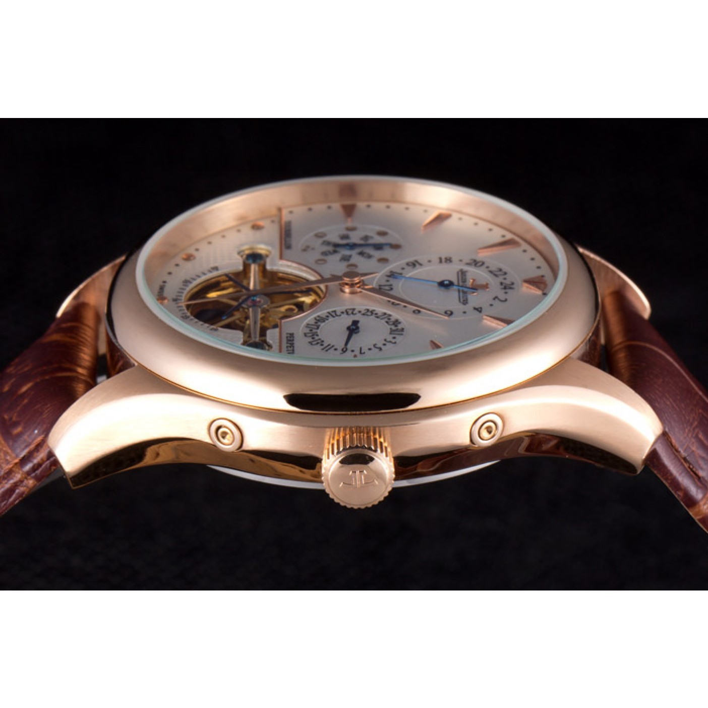 Jaeger Lecoultre Tourbillon Perpetuel Gold Bezel Brown Leather Band 621618