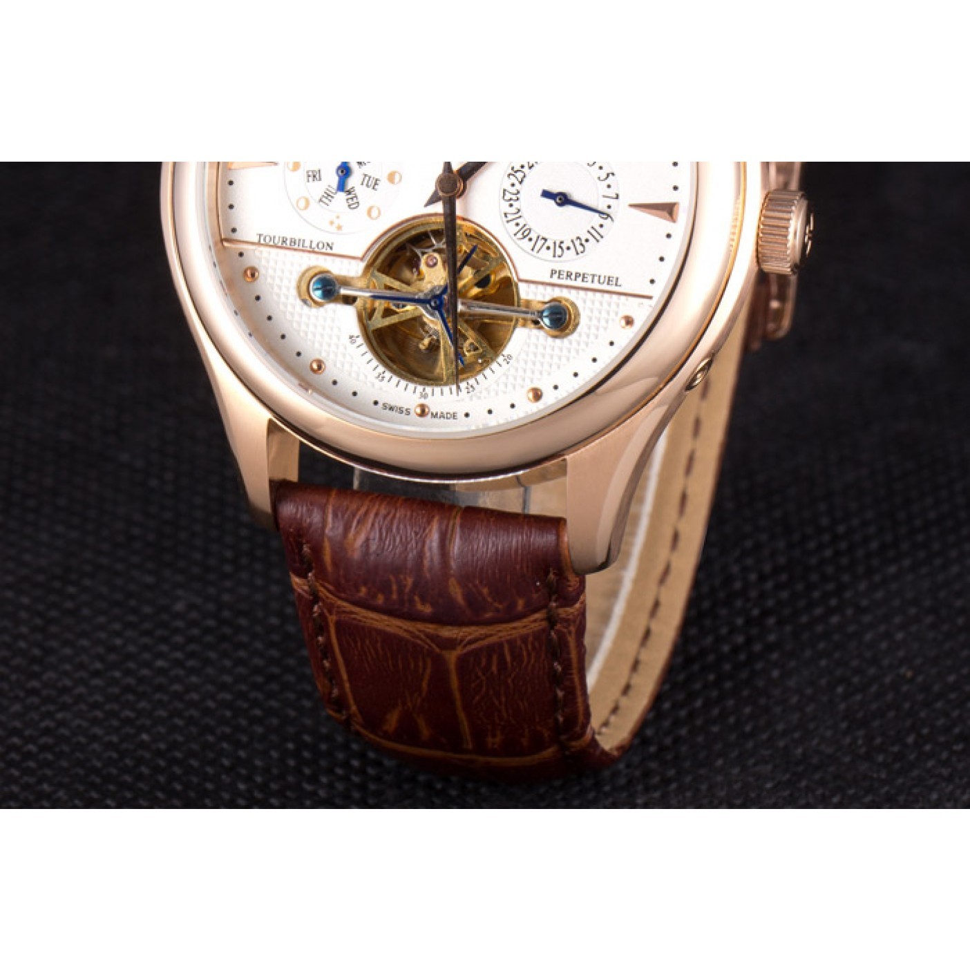 Jaeger Lecoultre Tourbillon Perpetuel Gold Bezel Brown Leather Band 621618