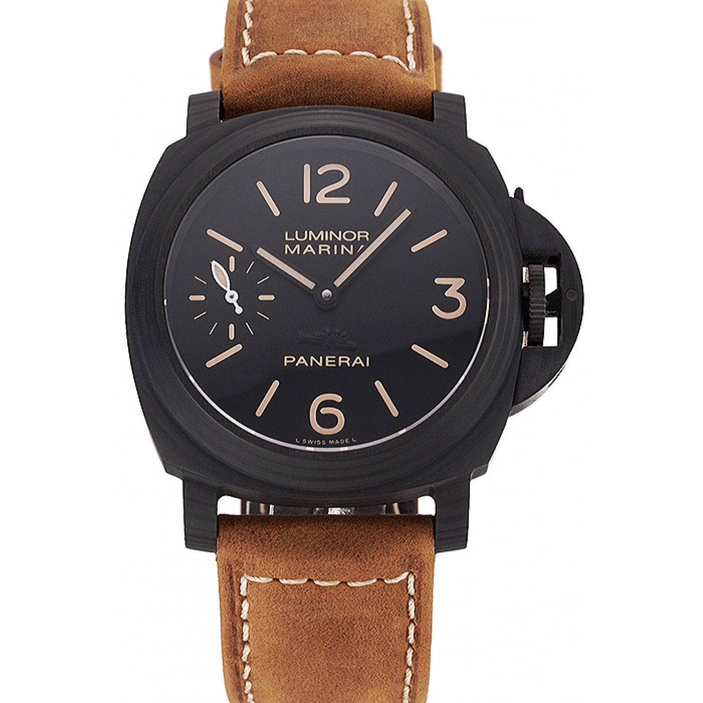 Swiss Panerai Luminor Marina Black Dial Black Case Brown Leather Strap