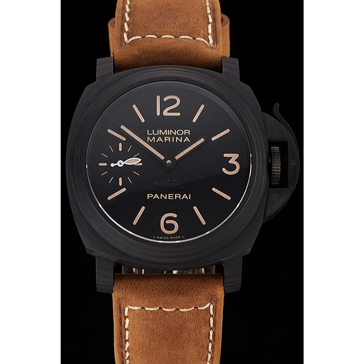 Swiss Panerai Luminor Marina Black Dial Black Case Brown Leather Strap