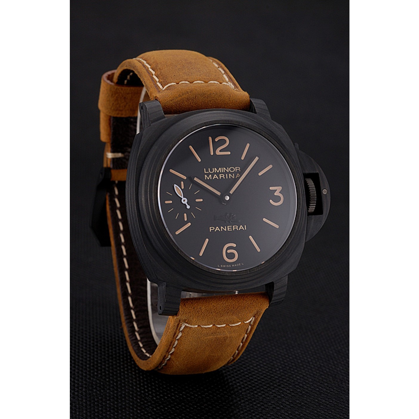 Swiss Panerai Luminor Marina Black Dial Black Case Brown Leather Strap