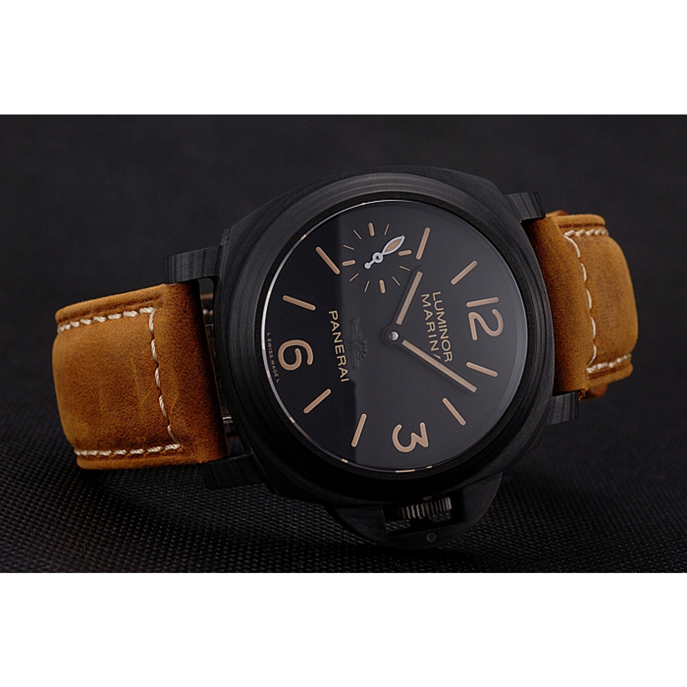 Swiss Panerai Luminor Marina Black Dial Black Case Brown Leather Strap