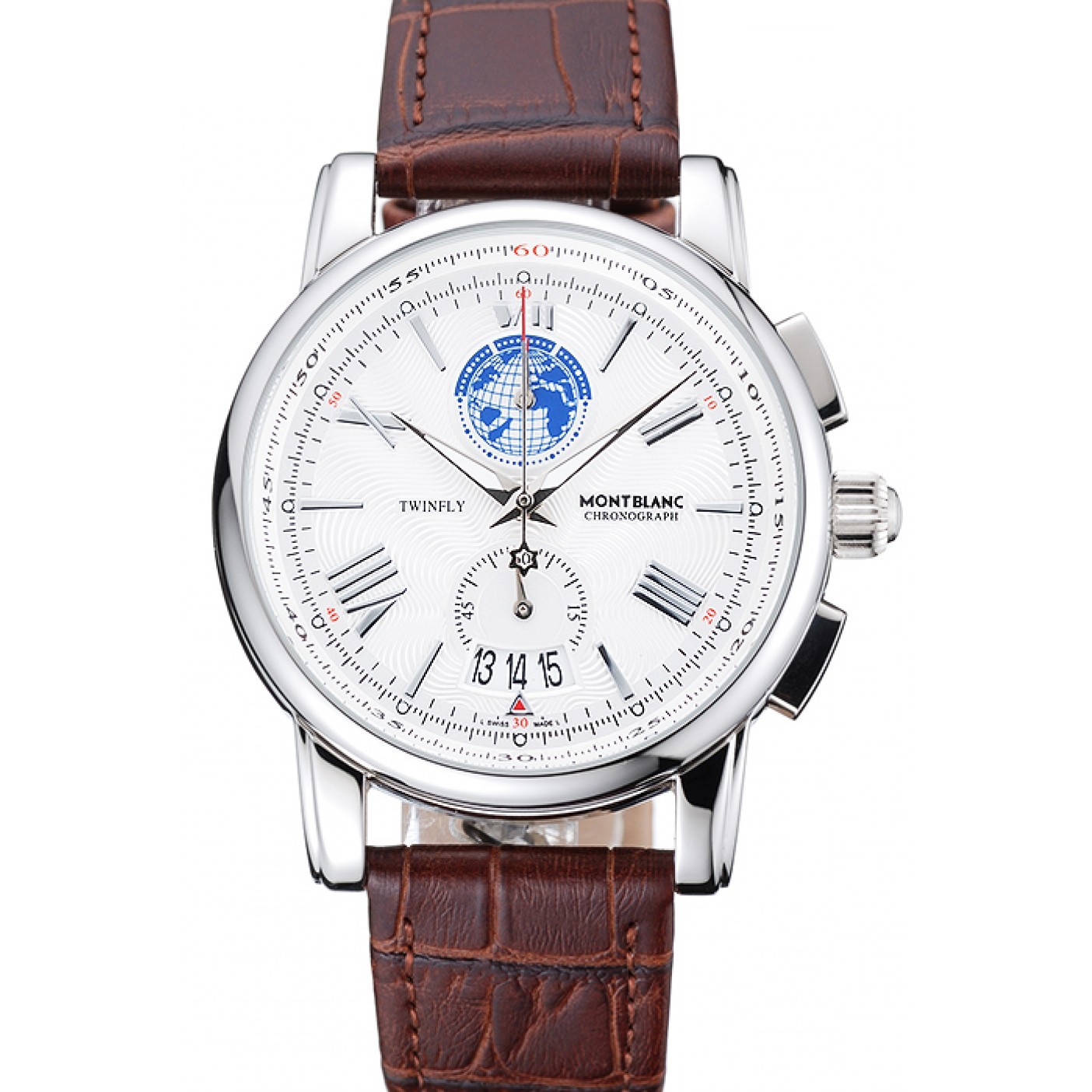 Montblanc Twinfly Chronograph White Dial Brown Leather Bracelet 1454117