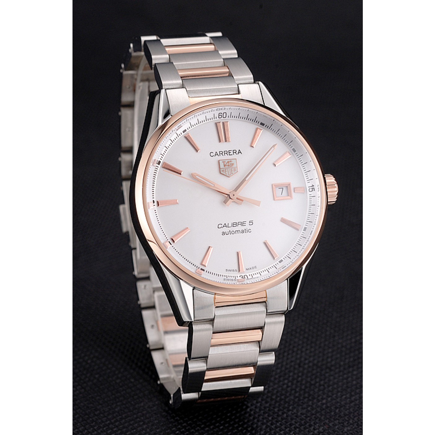 Swiss Tag Heuer Carrera Calibre 5 White Dial Rose Gold Case Two Tone Bracelet