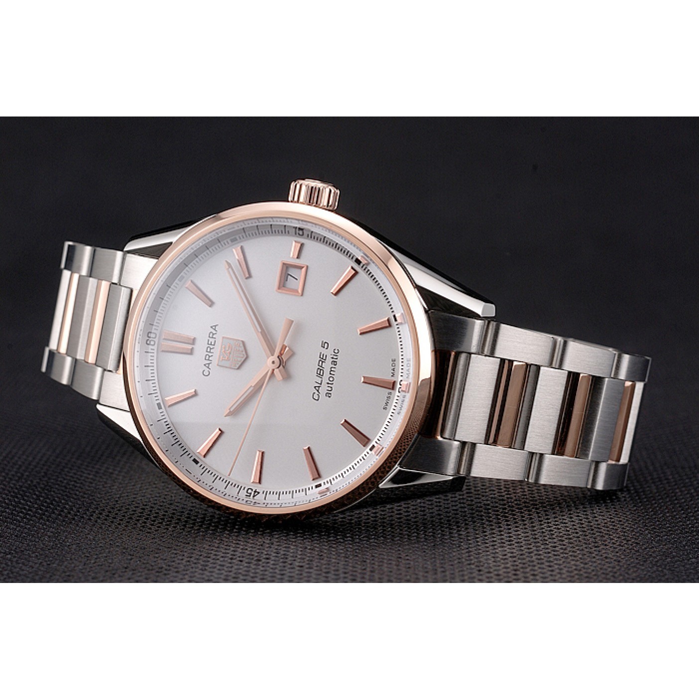 Swiss Tag Heuer Carrera Calibre 5 White Dial Rose Gold Case Two Tone Bracelet