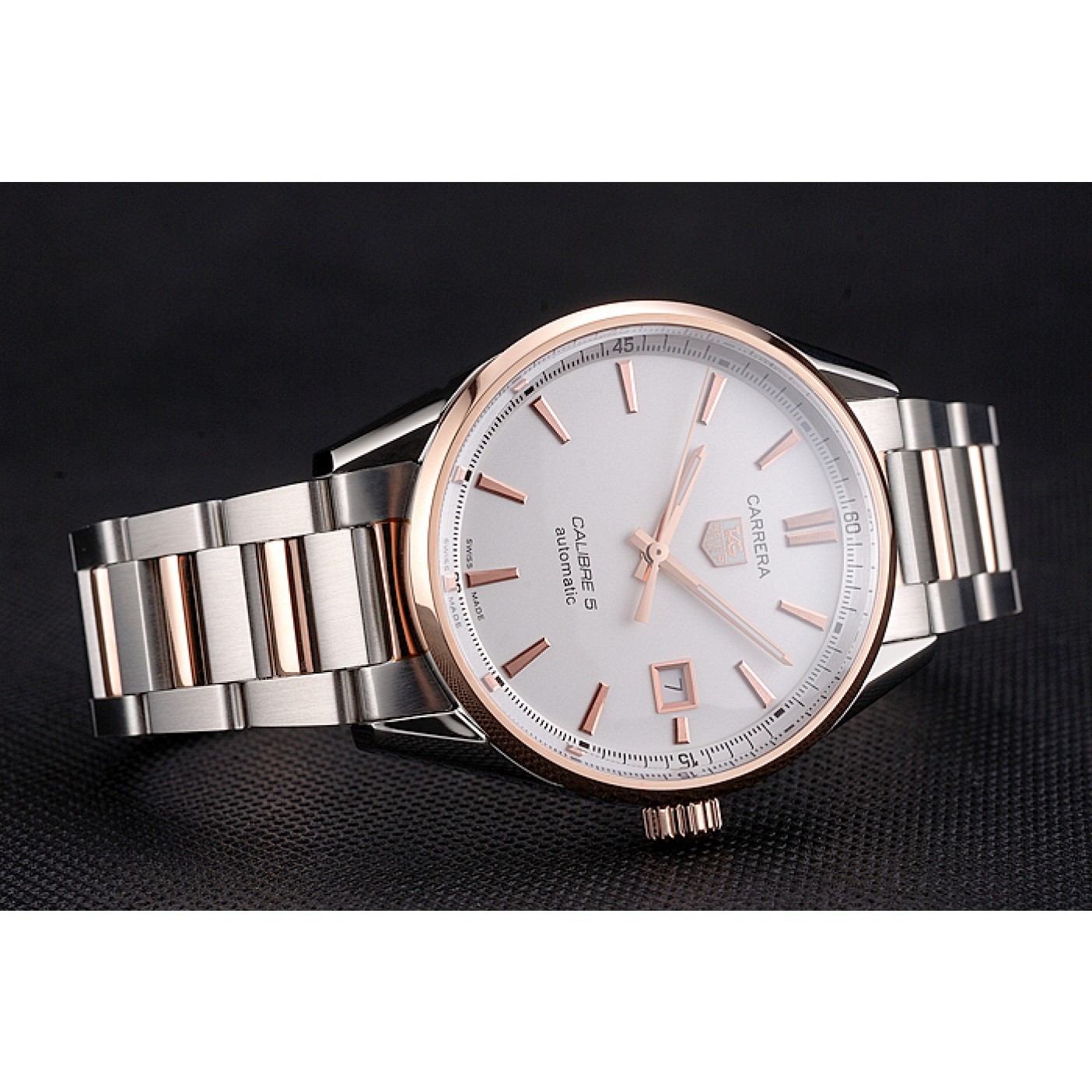 Swiss Tag Heuer Carrera Calibre 5 White Dial Rose Gold Case Two Tone Bracelet