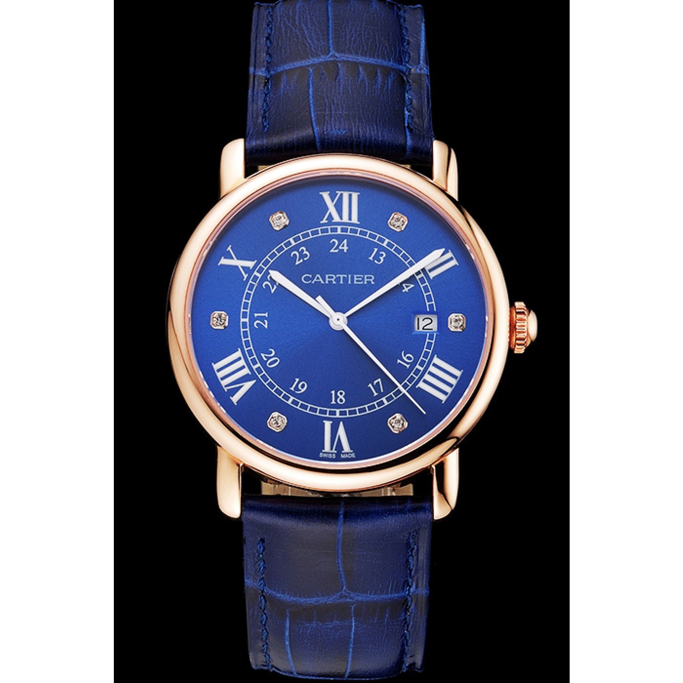 Cartier Ronde Solo Blue Dial Diamond Hour Marks Rose Gold Case Blue Leather Strap