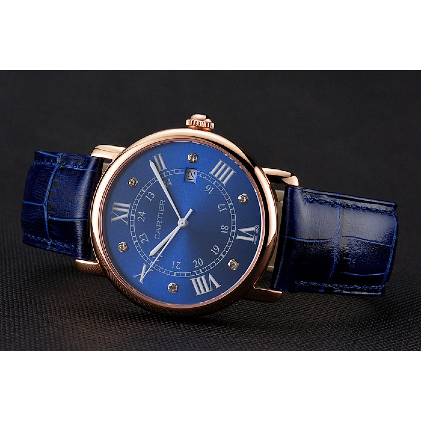 Cartier Ronde Solo Blue Dial Diamond Hour Marks Rose Gold Case Blue Leather Strap