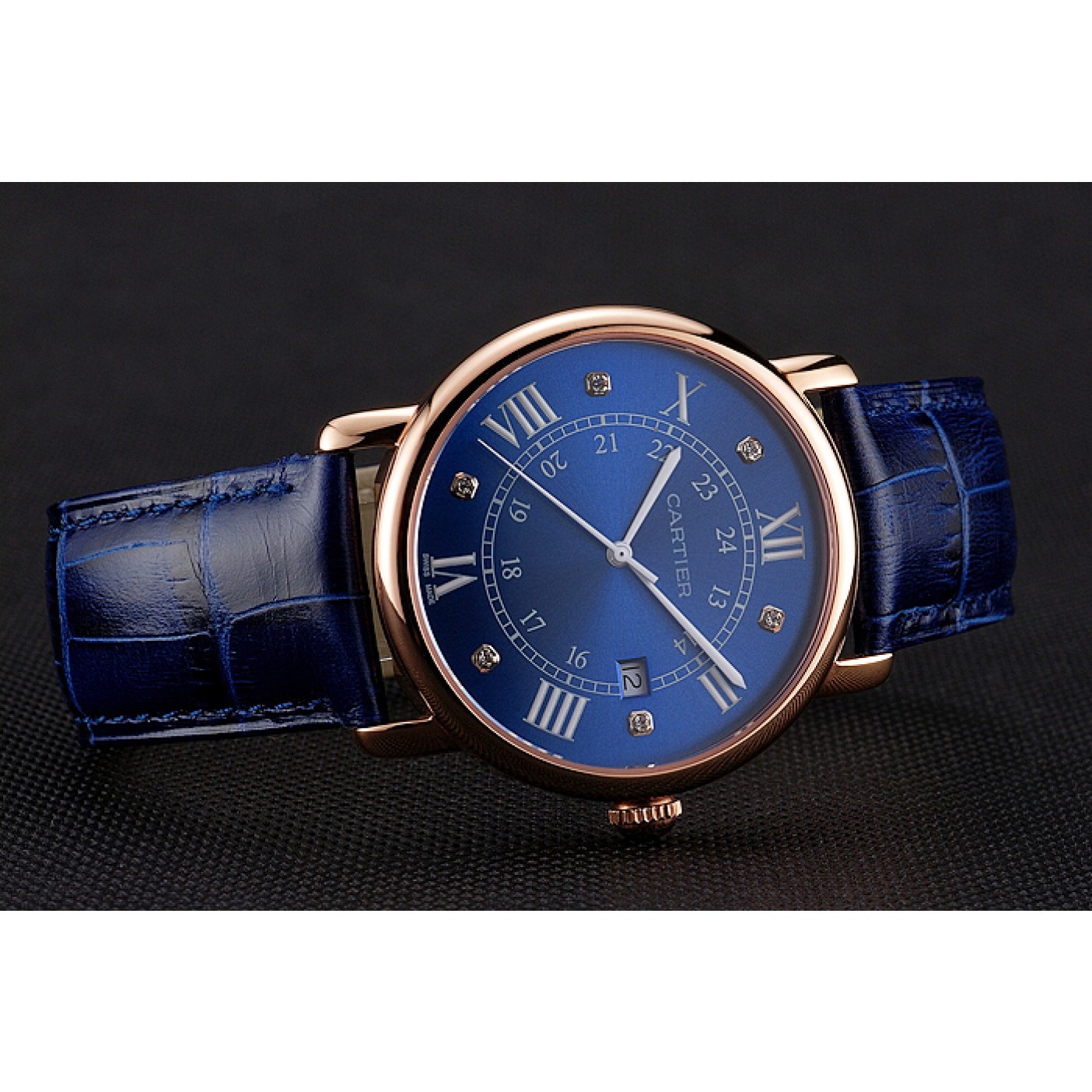 Cartier Ronde Solo Blue Dial Diamond Hour Marks Rose Gold Case Blue Leather Strap