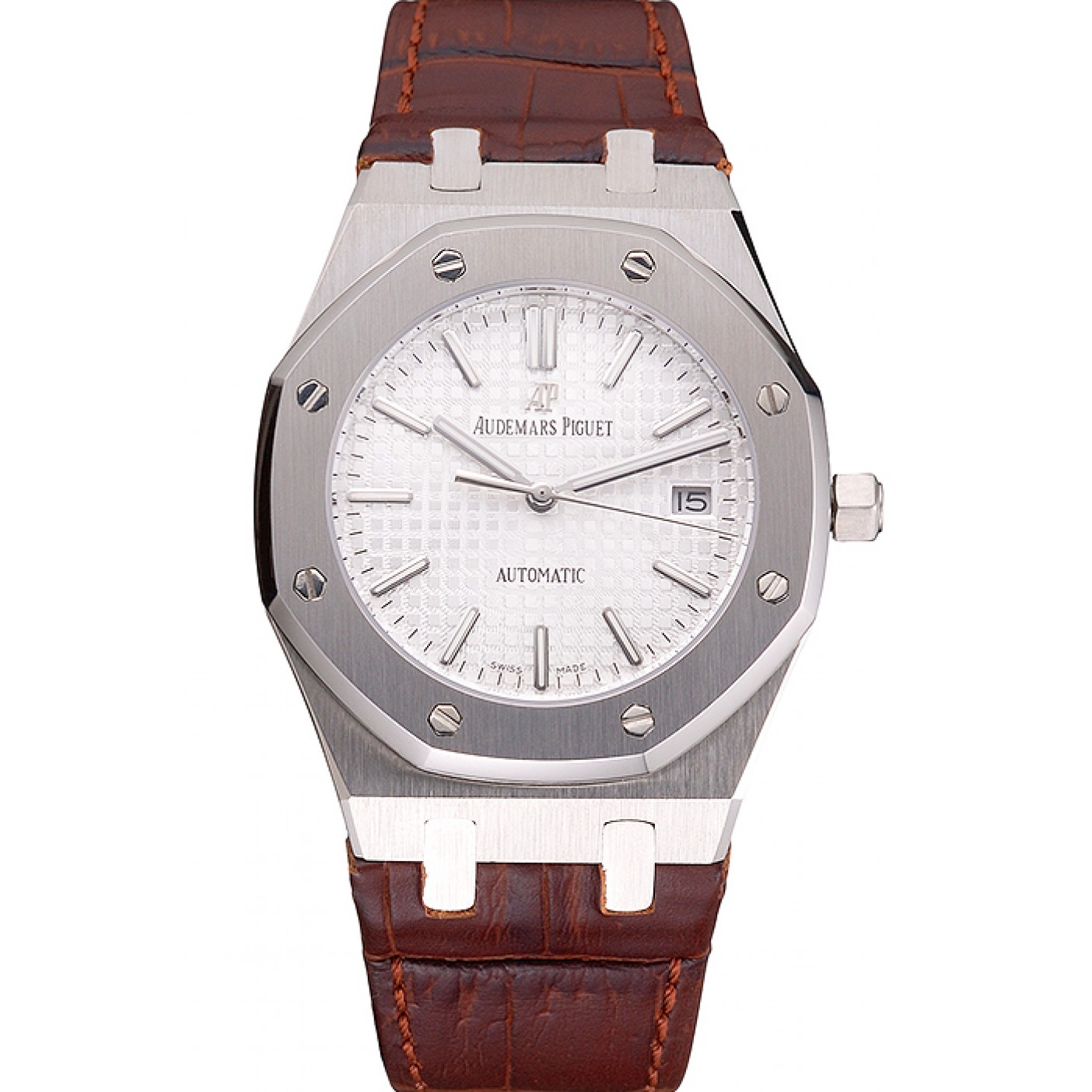 Swiss Audemars Piguet Royal Oak White Dial Stainless Steel Case Brown Leather Strap