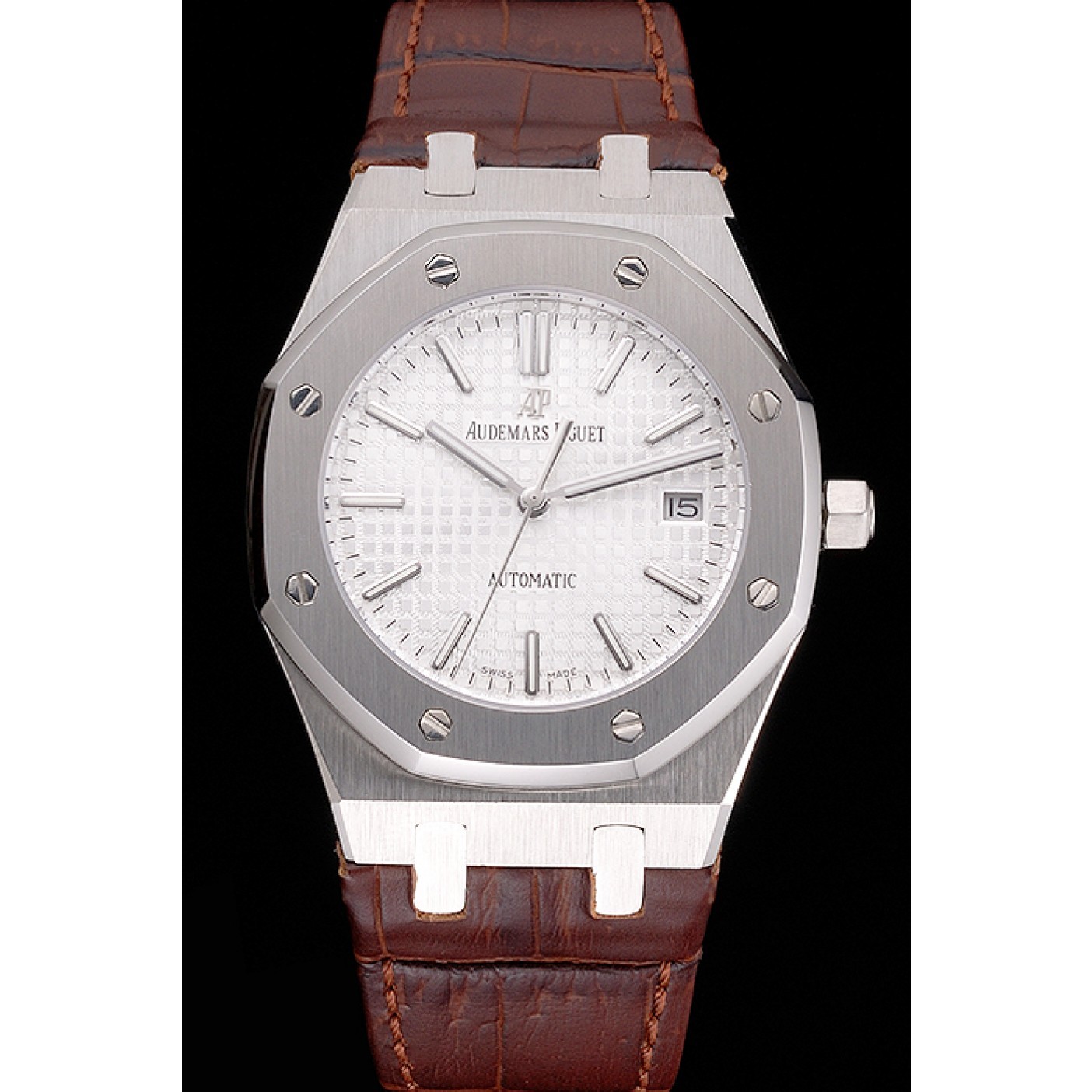 Swiss Audemars Piguet Royal Oak White Dial Stainless Steel Case Brown Leather Strap